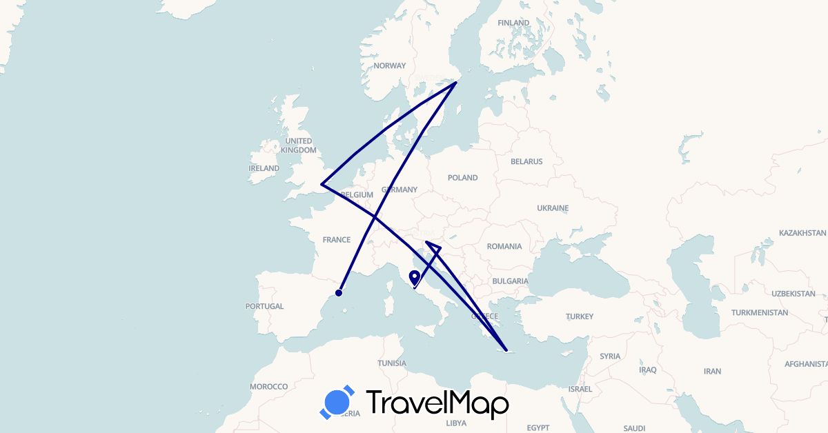 TravelMap itinerary: driving in Spain, France, United Kingdom, Greece, Croatia, Italy, Sweden, Slovenia (Europe)